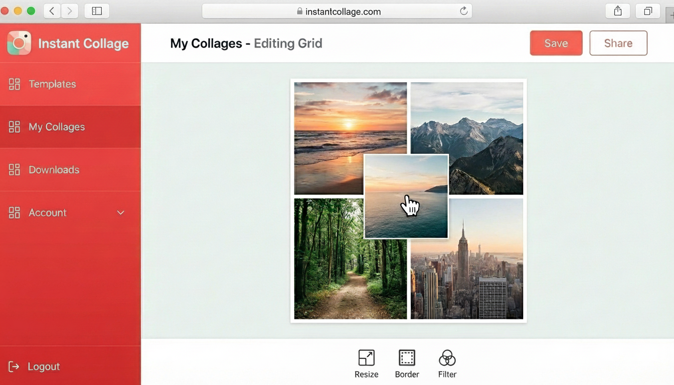 InstantCollage editor showing a photo collage being created